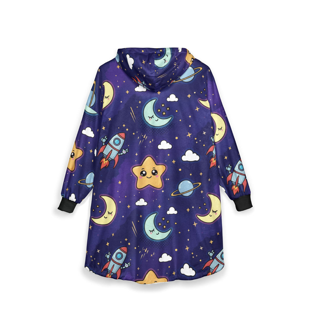 Galaxy Kids Hooded Blanket – Cute Rocket & Smiling Star Sherpa Throw