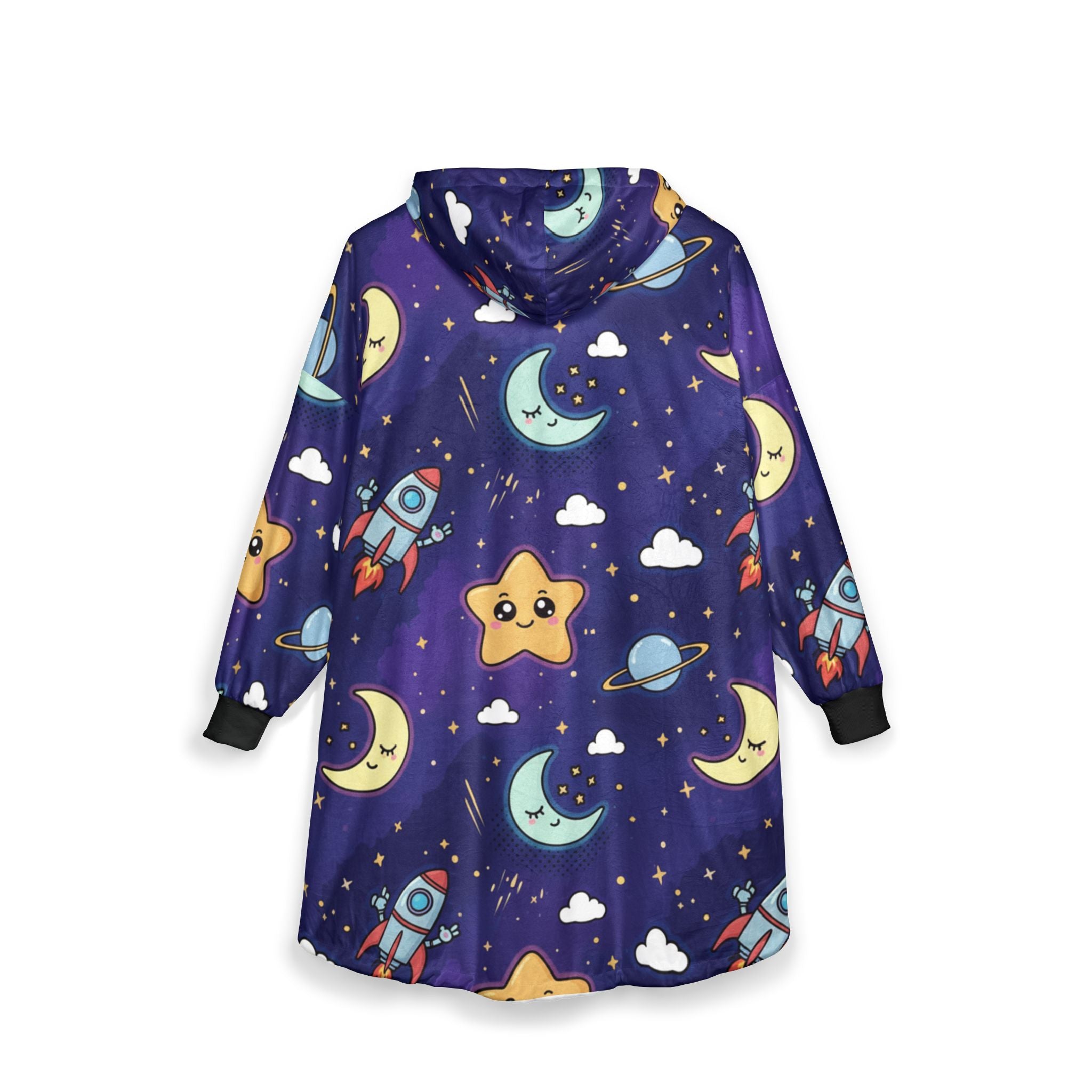 Galaxy Kids Hooded Blanket – Cute Rocket & Smiling Star Sherpa Throw