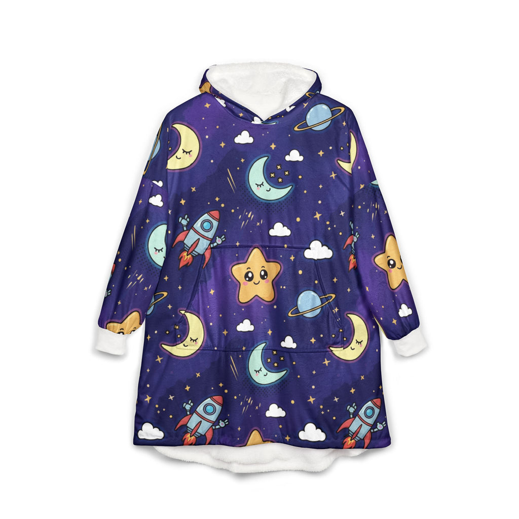 Galaxy Kids Hooded Blanket – Cute Rocket & Smiling Star Sherpa Throw