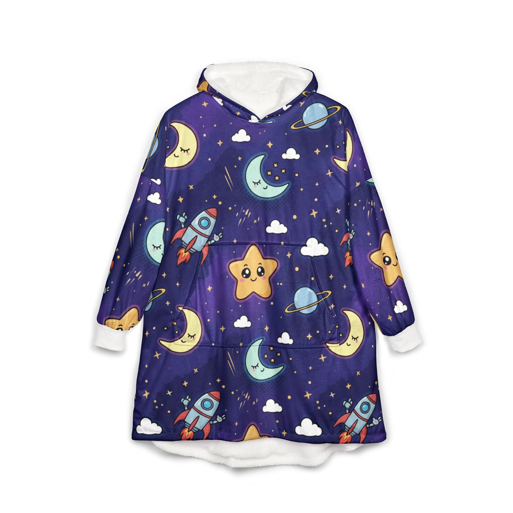 Galaxy Kids Hooded Blanket – Cute Rocket & Smiling Star Sherpa Throw