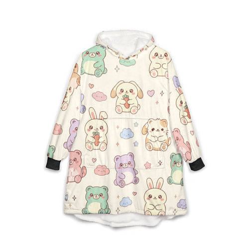 Cute Pastel Kawaii Animal Hooded Blanket – Plush Sherpa Hoodie with Bunny, Bear & Frog Pattern