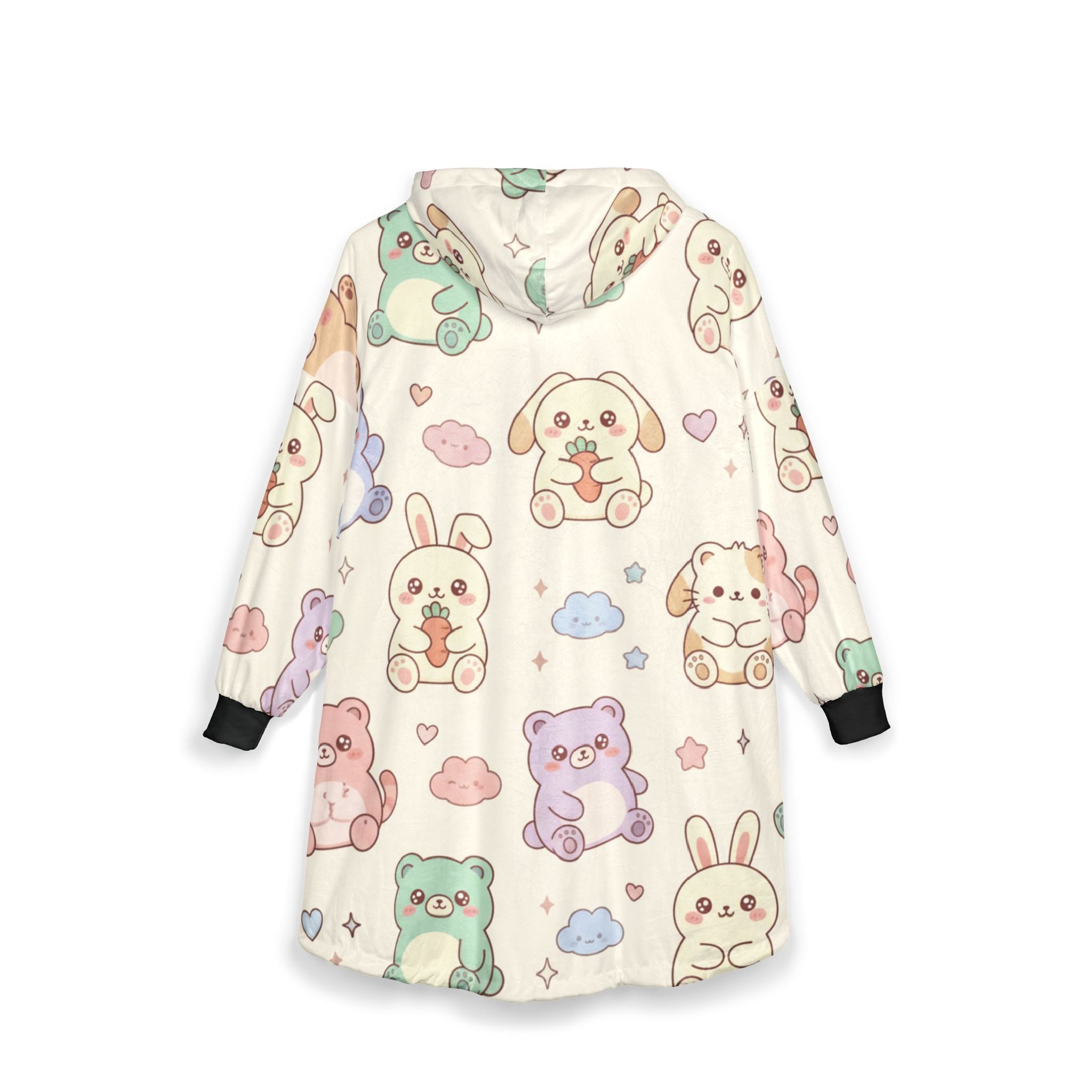 Cute Pastel Kawaii Animal Hooded Blanket – Plush Sherpa Hoodie with Bunny, Bear & Frog Pattern