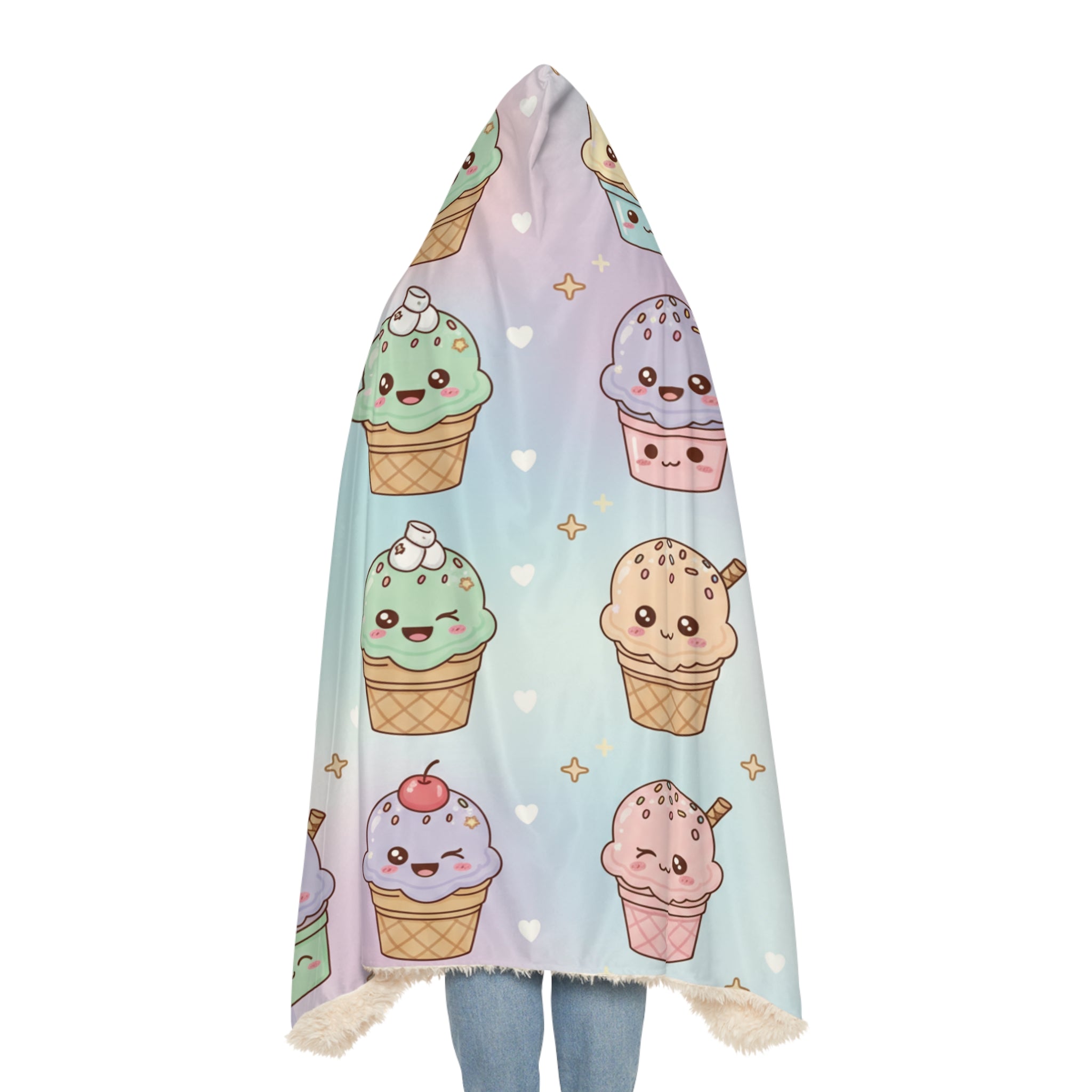 Kawaii Ice Cream Pattern Snuggle Blanket | Hooded Cozy Throw