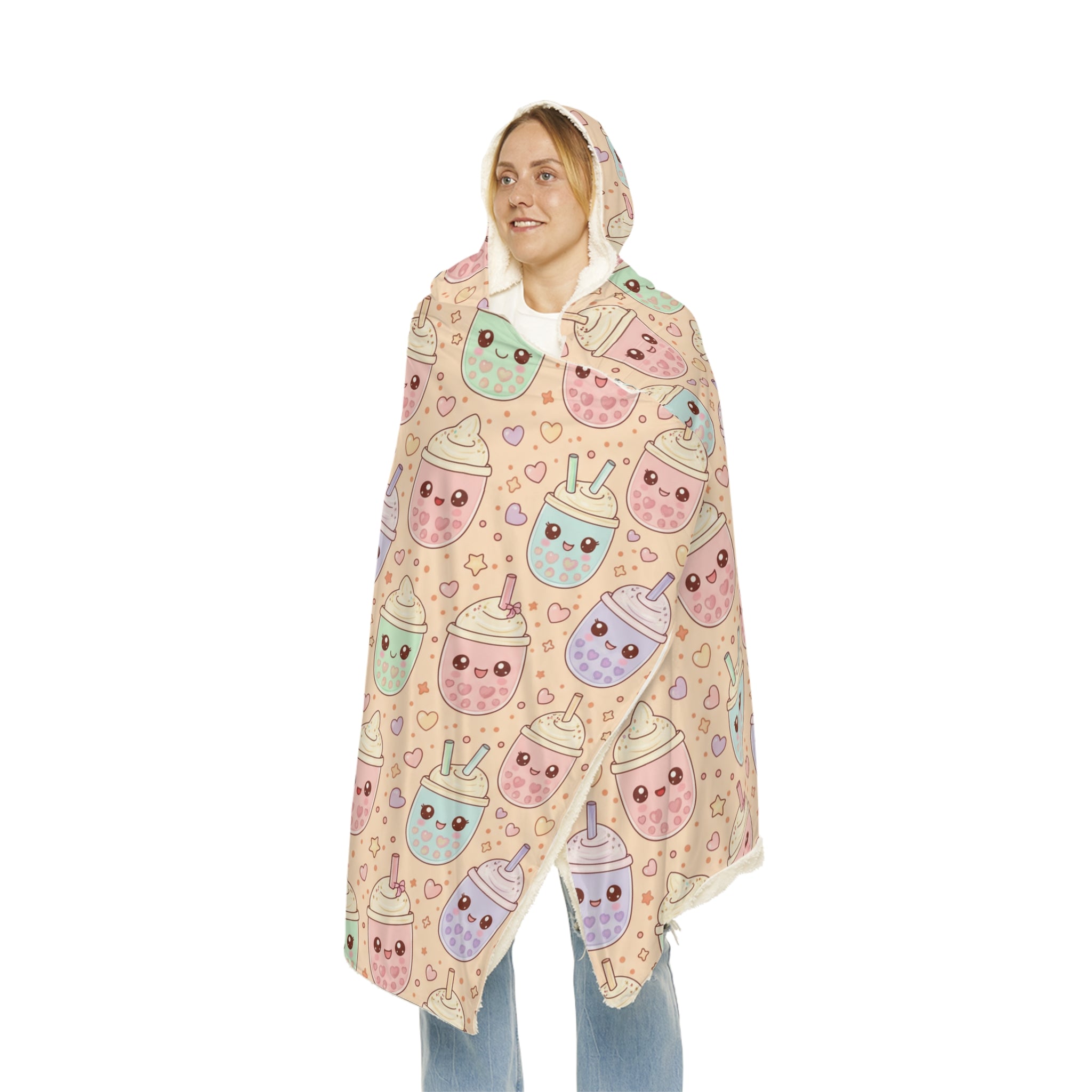 Kawaii Boba Tea Hooded Blanket – Plush Snuggle Blanket with Cute Bubble Tea Pattern