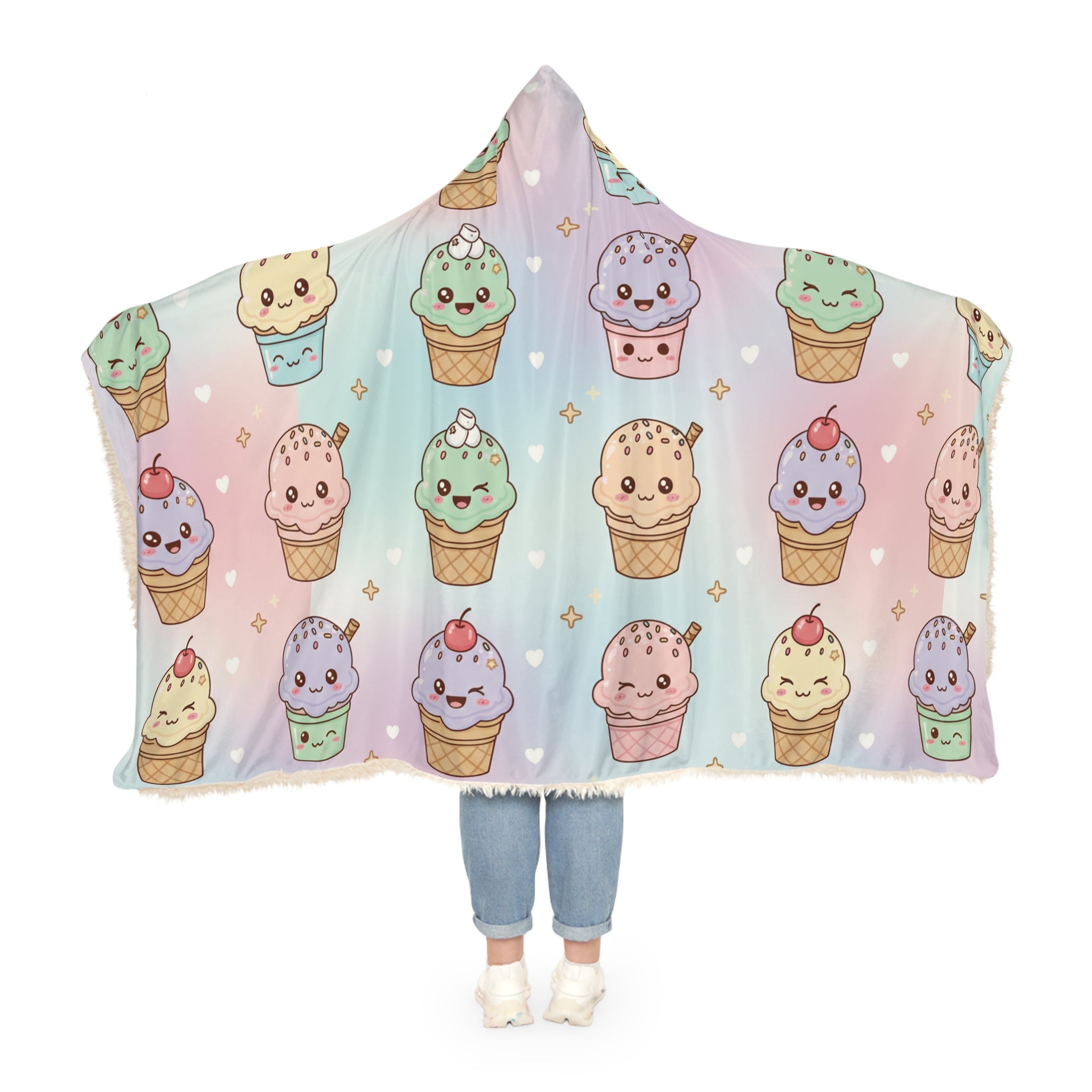 Kawaii Ice Cream Pattern Snuggle Blanket | Hooded Cozy Throw