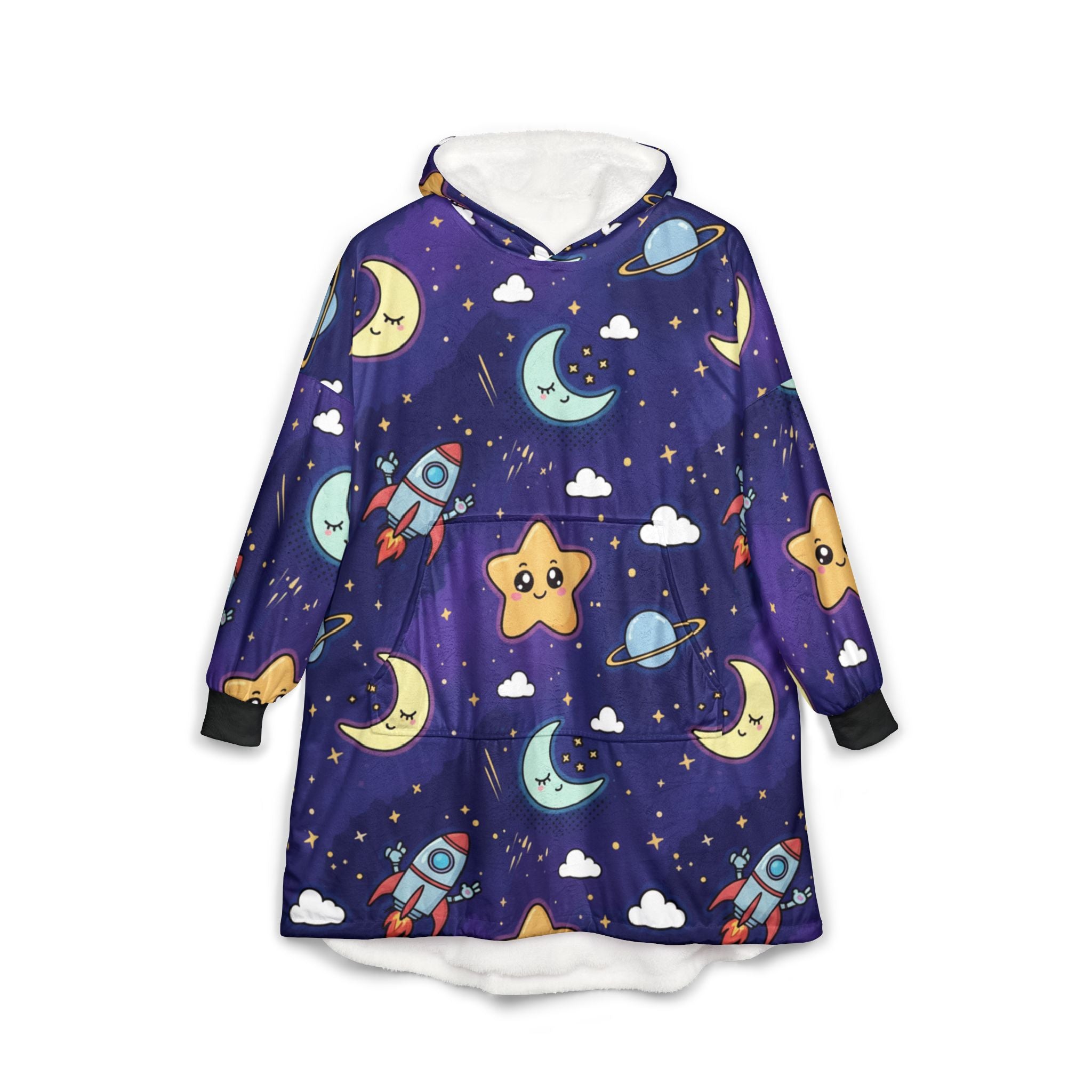 Galaxy Kids Hooded Blanket – Cute Rocket & Smiling Star Sherpa Throw