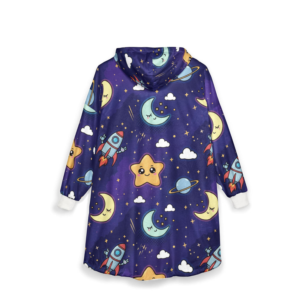 Galaxy Kids Hooded Blanket – Cute Rocket & Smiling Star Sherpa Throw