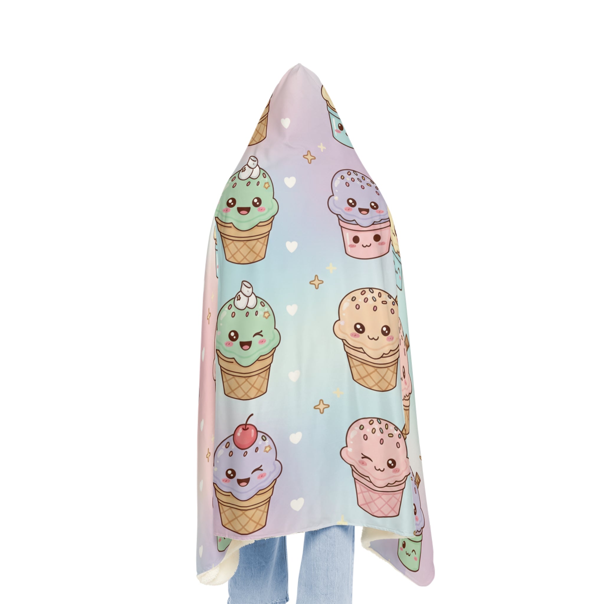 Kawaii Ice Cream Pattern Snuggle Blanket | Hooded Cozy Throw