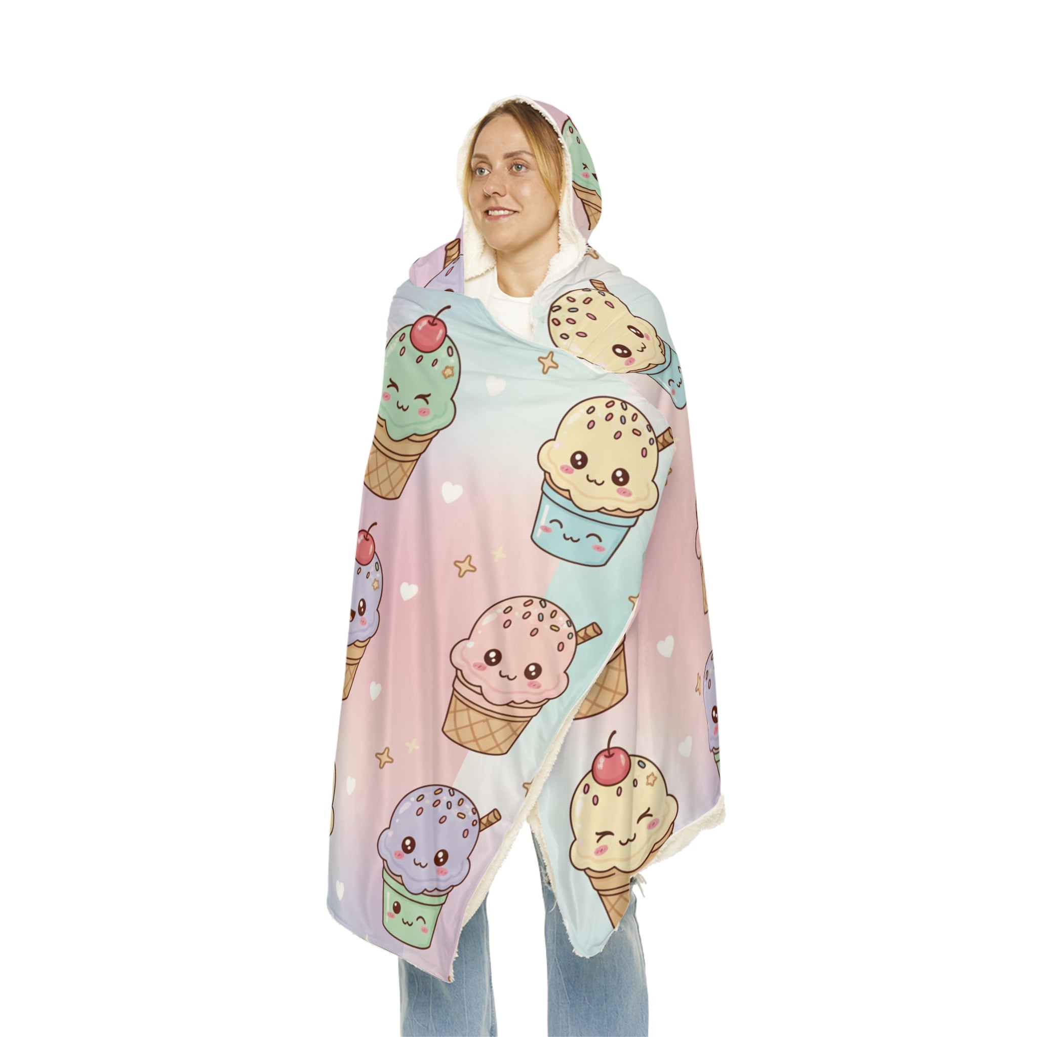 Kawaii Ice Cream Pattern Snuggle Blanket | Hooded Cozy Throw