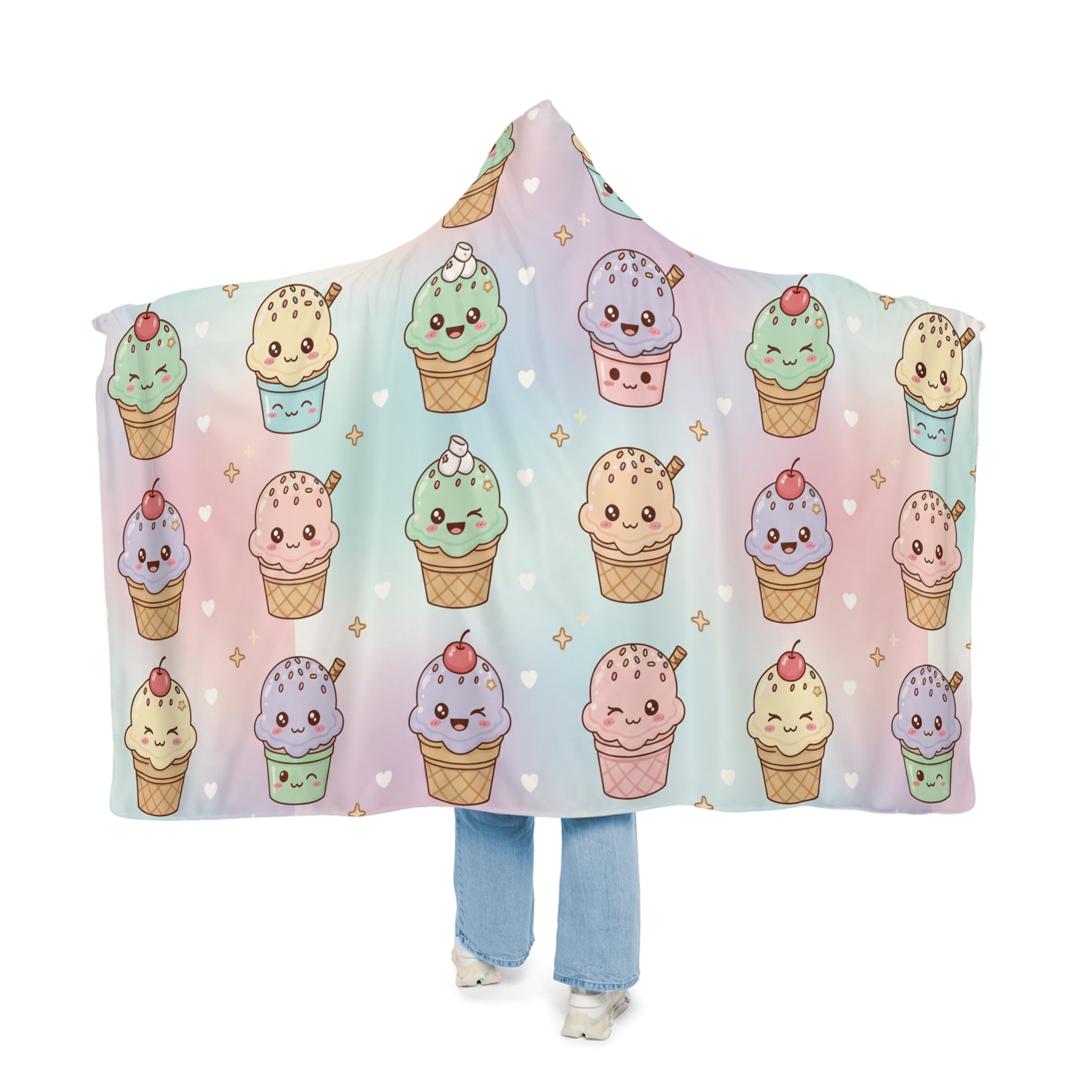 Kawaii Ice Cream Pattern Snuggle Blanket | Hooded Cozy Throw