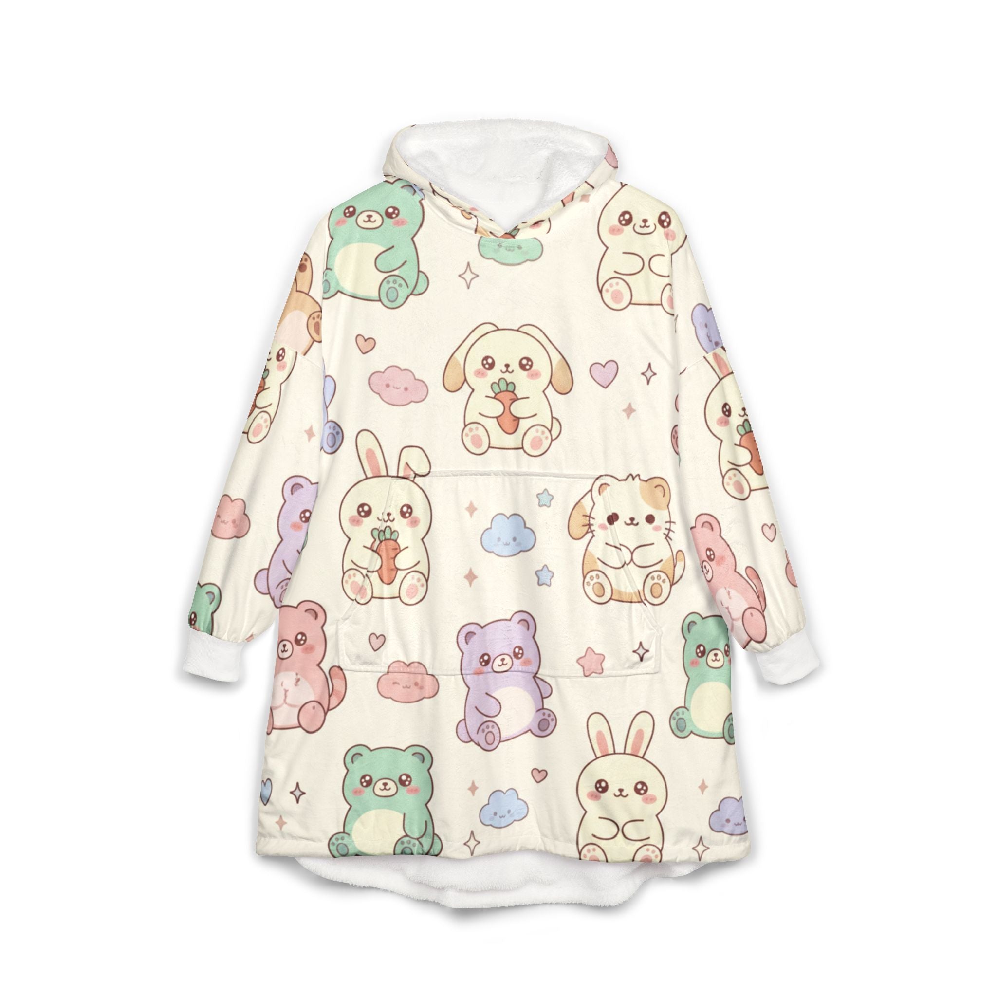 Cute Pastel Kawaii Animal Hooded Blanket – Plush Sherpa Hoodie with Bunny, Bear & Frog Pattern