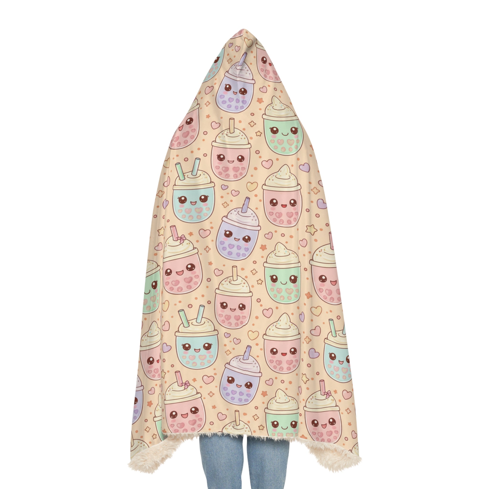 Kawaii Boba Tea Hooded Blanket – Plush Snuggle Blanket with Cute Bubble Tea Pattern