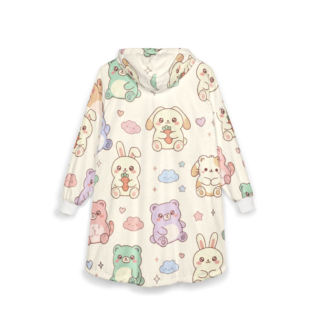 Cute Pastel Kawaii Animal Hooded Blanket – Plush Sherpa Hoodie with Bunny, Bear & Frog Pattern