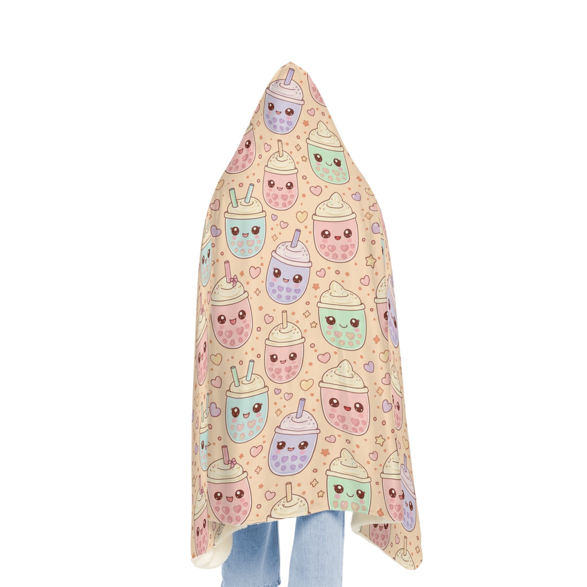 Kawaii Boba Tea Hooded Blanket – Plush Snuggle Blanket with Cute Bubble Tea Pattern